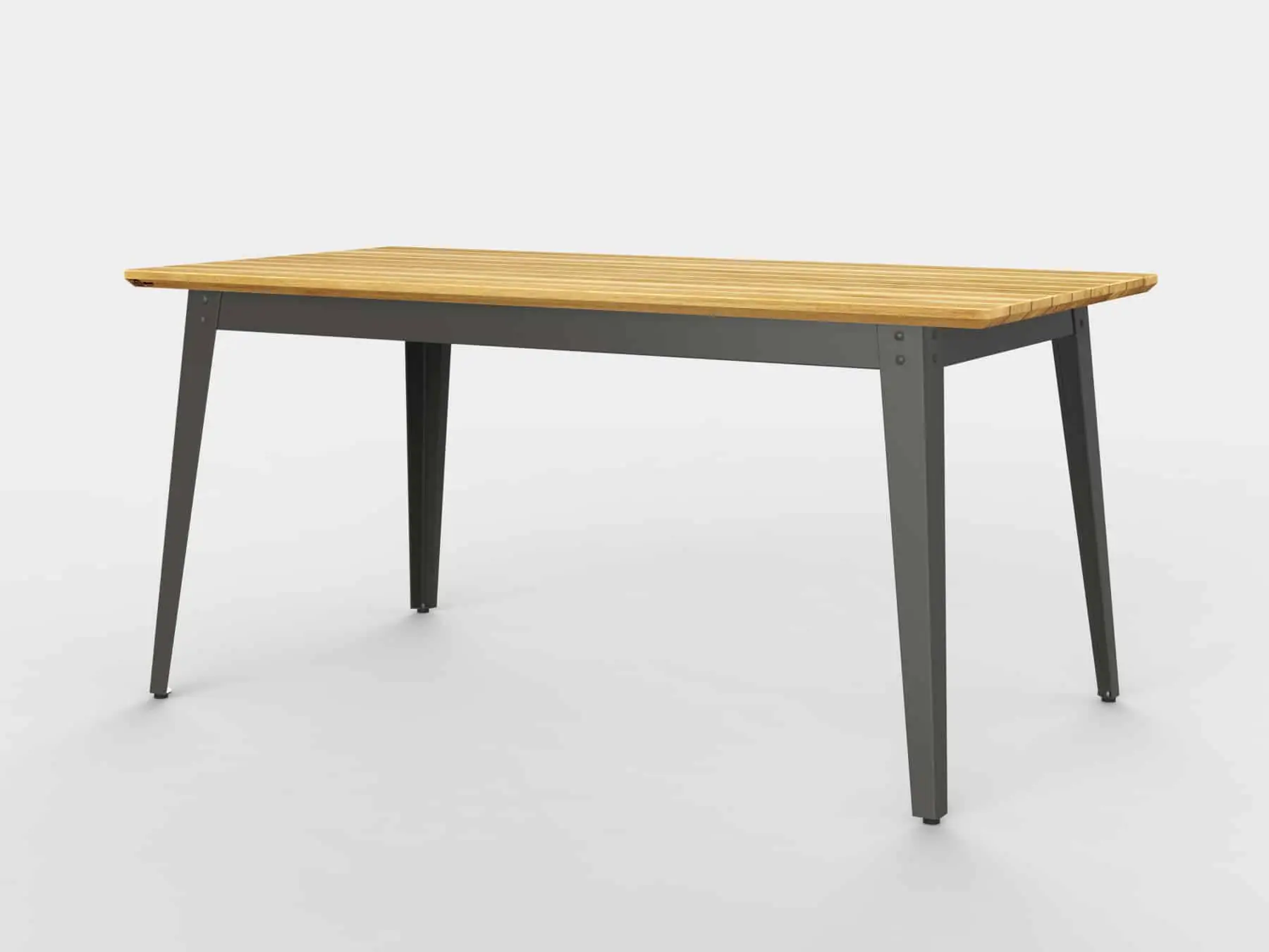 Freisteller Outdoor-Tisch aus Holz mit grauem Metallgestell.